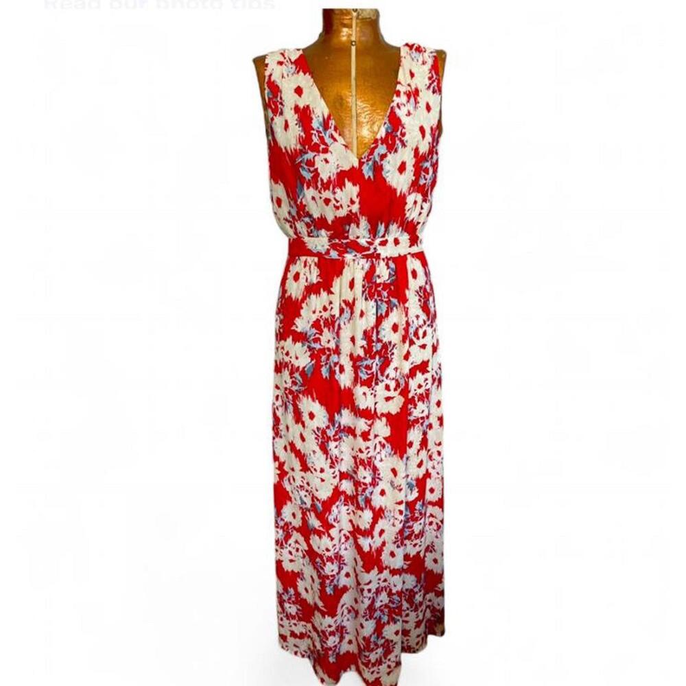 Anthropology Paper Crowns Red/White Floral Drop Back Maxi Dress Size XS
